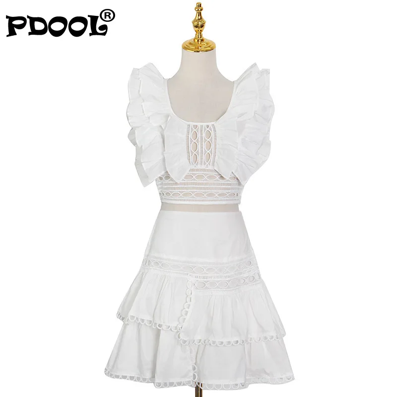 

White Casual Two Piece Set For Women O Neck Sleeveless Lace Up Top High Waist Mini Skirt Hollow Out Sets Female 2021 Fashion