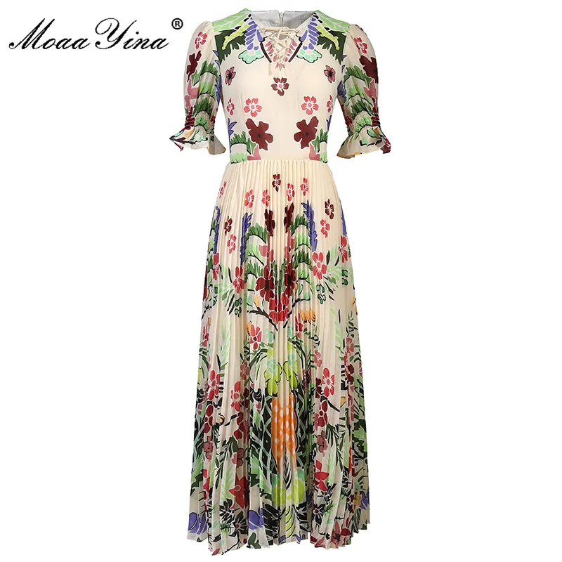 

Женское платье миди MoaaYina, летнее плиссированное платье с расклешенными рукавами и цветочным принтом