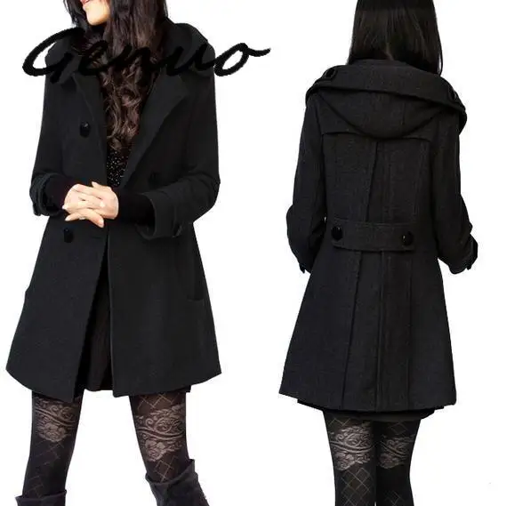 

Genuo New Solid Double Breasted Hooded Wool Coat Women Winter Casual Thick Warm Woolen Jacket Plus Size Long Women Outerwear
