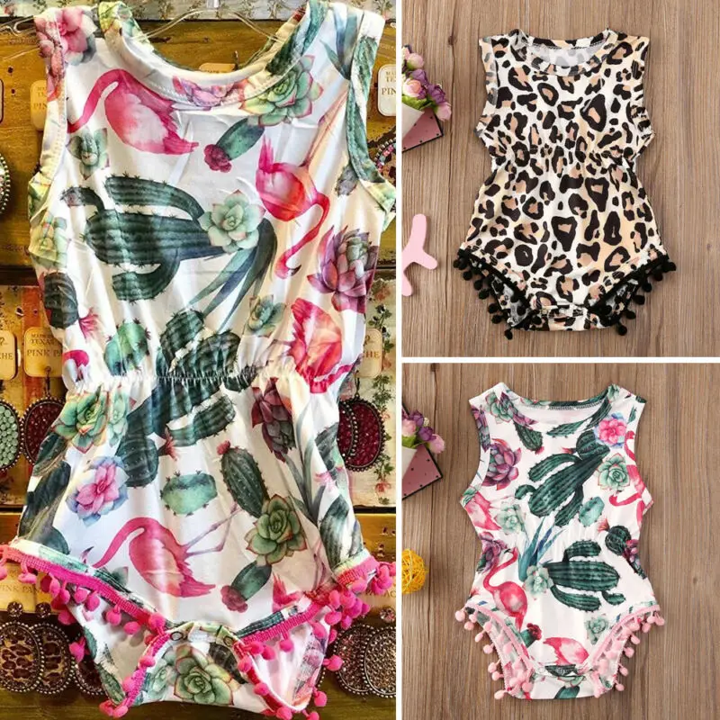 Summer Newborn Infant Baby Girl Leopard/Cactus Sleeveless Romper Tassel Jumpsuit Outfit Clothes Set | Детская одежда и обувь