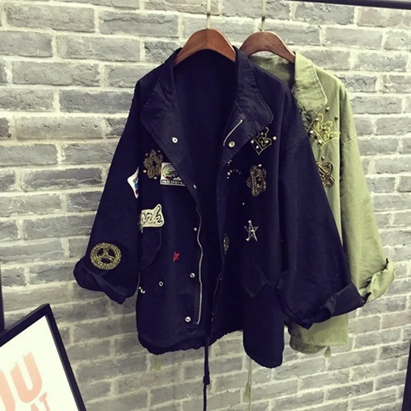 2022 Women Cotton Jacket Coat Casual Women Bomber jacket Embroidery Applique Rivets Oversize Women Coat Army Green Cotton Coat