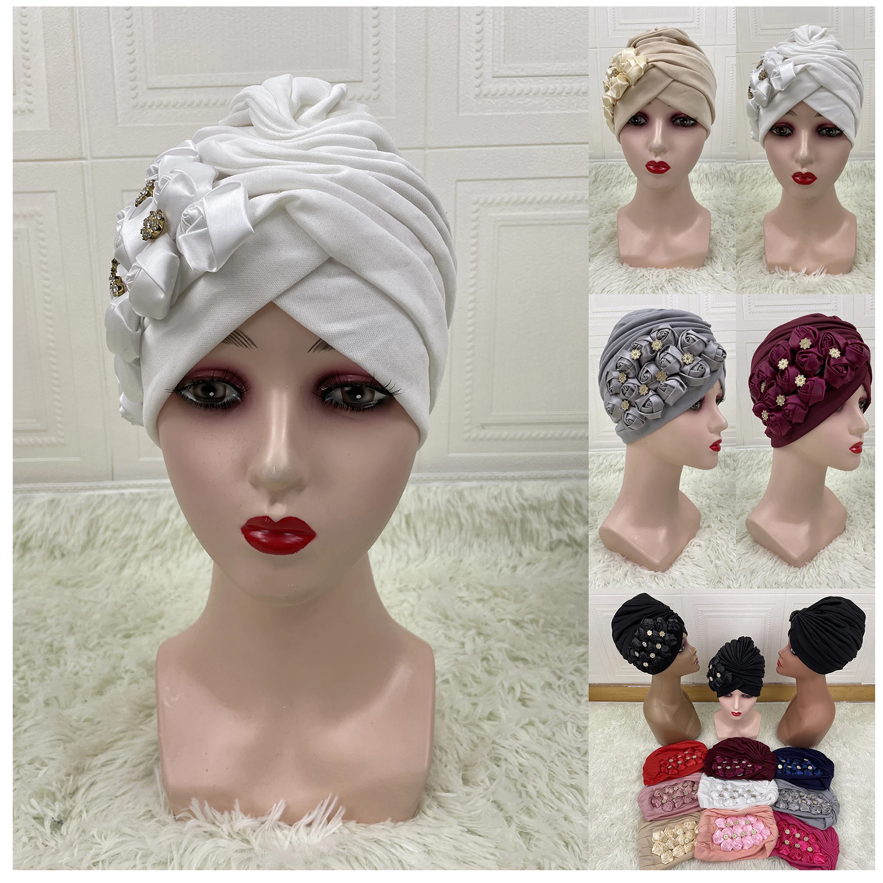 

Newest Flower Turban Bonnet for Women Muslim Headscarf Caps Wedding Party Headwear Turbante African Headtie MZ828