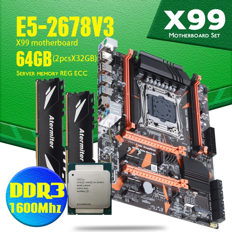 Комплект материнской платы X99 D3 с Xeon E5 2678 V3 LGA2011-3 CPU 2 шт. X 32 ГБ = 64 1600 МГц DDR3 REG ECC emory
