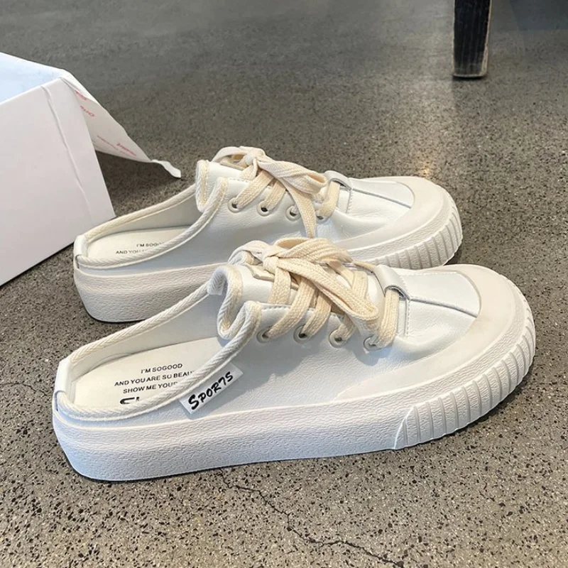 

Leather Toe Cap Half Slippers Female Outer Wear 2021 New Thick-Soled White Shoes Summer Fashion Thin Casual Breathable Sandals