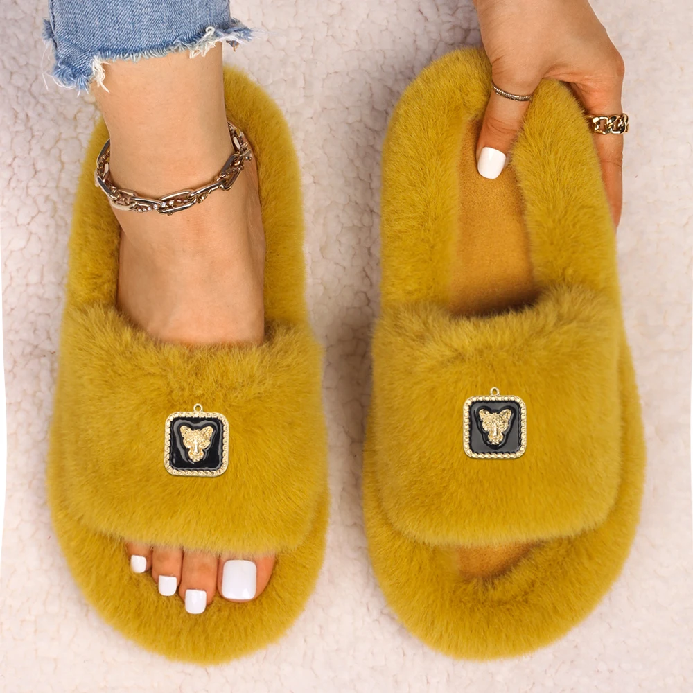 Flip Flop Slippers Faux Fur Fuzzy Slides Plush Sandals Fluffy Slippers Square Metal Earrings Designer Shoes Free Shipping 2022