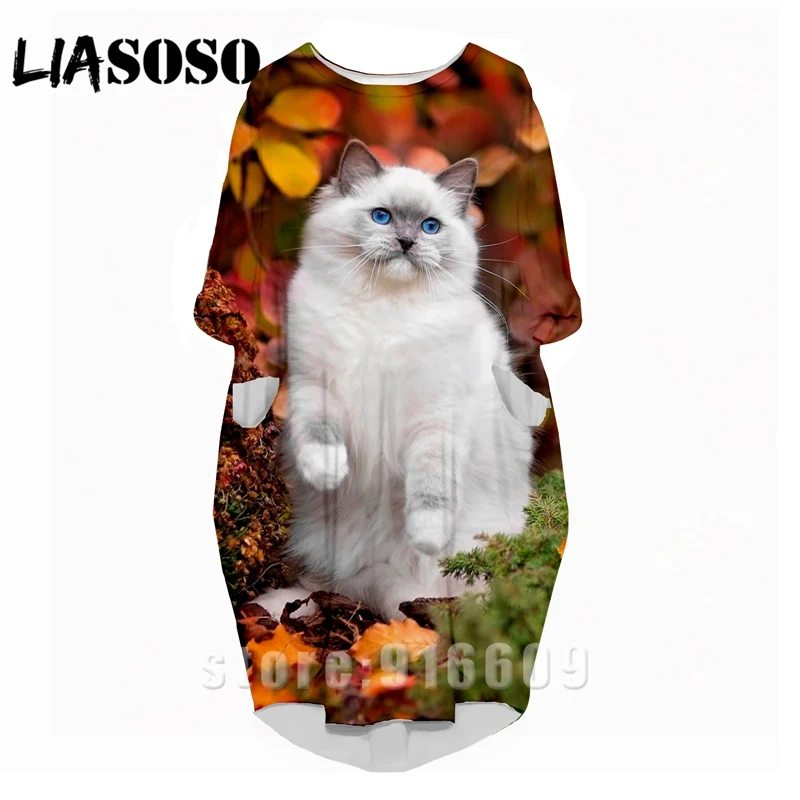 

LIASOSO 3D Print Fashion Funny Shirt Suit Rock Harajuku Animal Cat Women Anime Kitty Gown Lady Clothing Party Long-Sleeved Dress