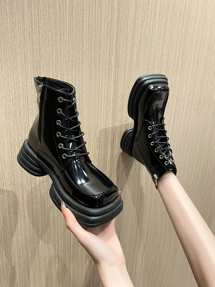 

Женские кожаные ботинки на платформе, красные ботинки на толстой подошве, женская обувь на осень-зиму, 2021, квадратный носок, женская обувь