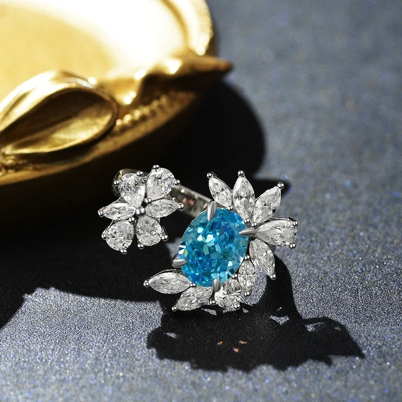 

Serenity Day Aquamarine Dazzling 7*9MM Created Moissanite Ring Sterling Silver 925 Resizable Rings for Women Gemstone Jewelry