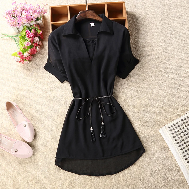 Женская винтажная туника летняя длинная шифоновая блузка с коротким рукавом