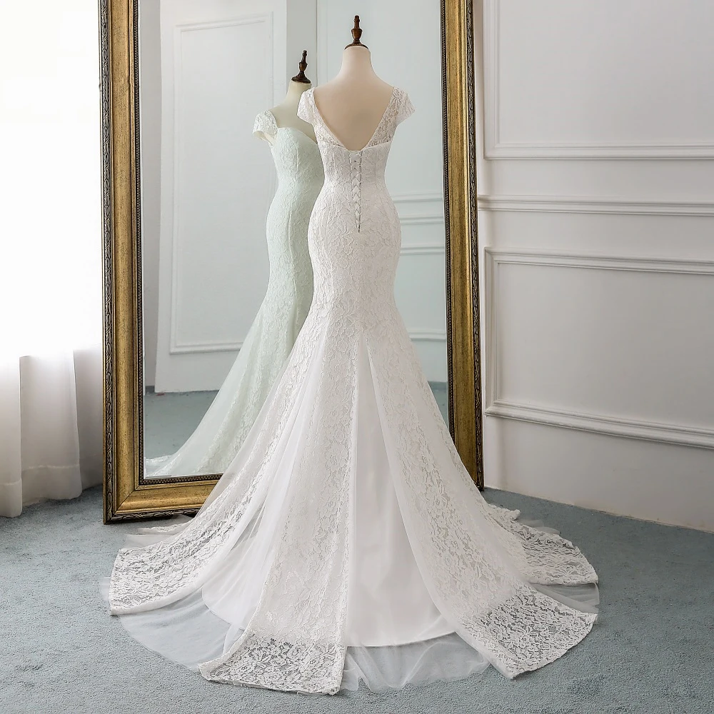 Eren Jossie Cap Sleeves Mermaid Design Ivory Lace Bridal Wedding 2021 Dress With Zip Back Sweep Train Custom Made | Свадьбы и