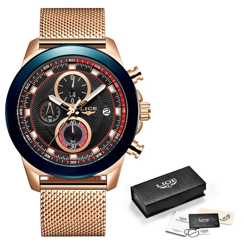 Rose gold blue M LIGE мужские часы Топ бренд класса люкс водонепроницаемые Модные часы кварцевые часы Мужские Спортивные Хронограф reloj hombre дропшиппинг - Цвет: Rose gold blue M