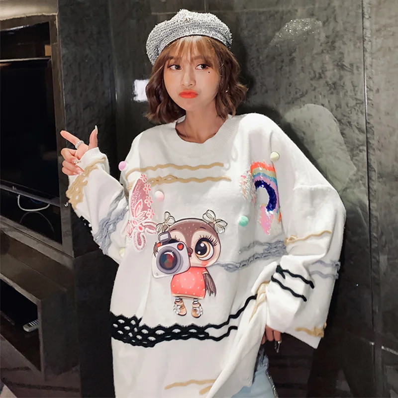 2019 осень мультфильм печати свитера с блестками Модные женские шикарные | Женская