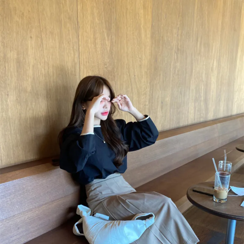 

KUSAHIKI Hit Color O-neck Causal Women Shirt Korean Puff Long Sleeve Blusas Femme 2021 Spring New Pullover Top Shirt 6G059