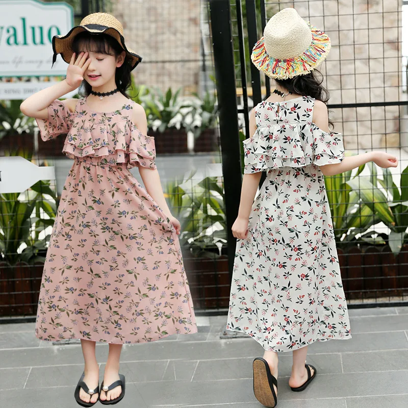2019 Kids Girls Beach Long Dresses Off Shoulder Floral Print Bohemian Chiffon Dress For 4 6 8 10 to 12 Years Casual Cloth 12A28A | Детская