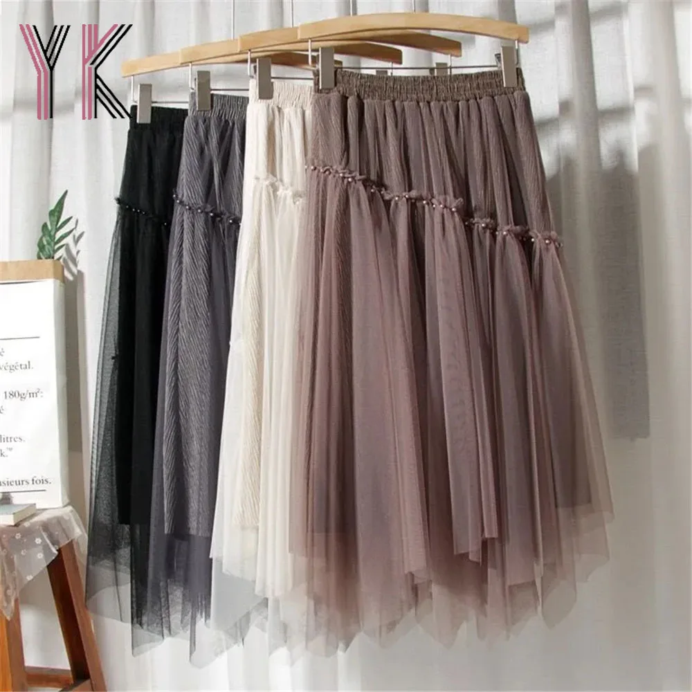 

Luxurious Faux Pearl Stitching Irregular Gauze Velvet Stitching Midi Skirts Fairycore Korean Sukienka Autumn Winter Party Saia