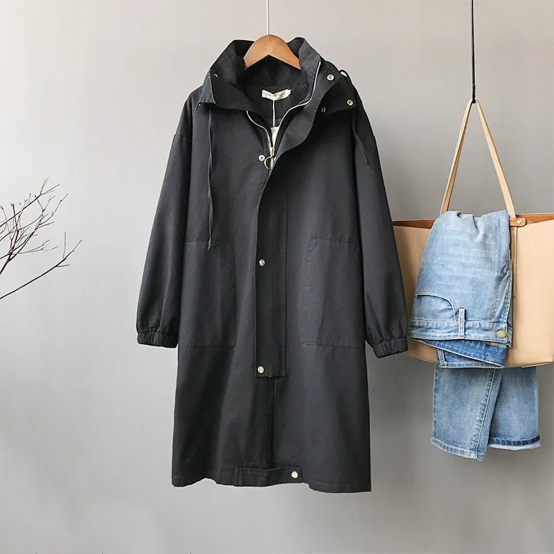 

Female Casual High Quality Pockets Caramel Trench Spring New Khaki Hooded Windbreaker Women's Mid Long Korean Leisure Chic Coat