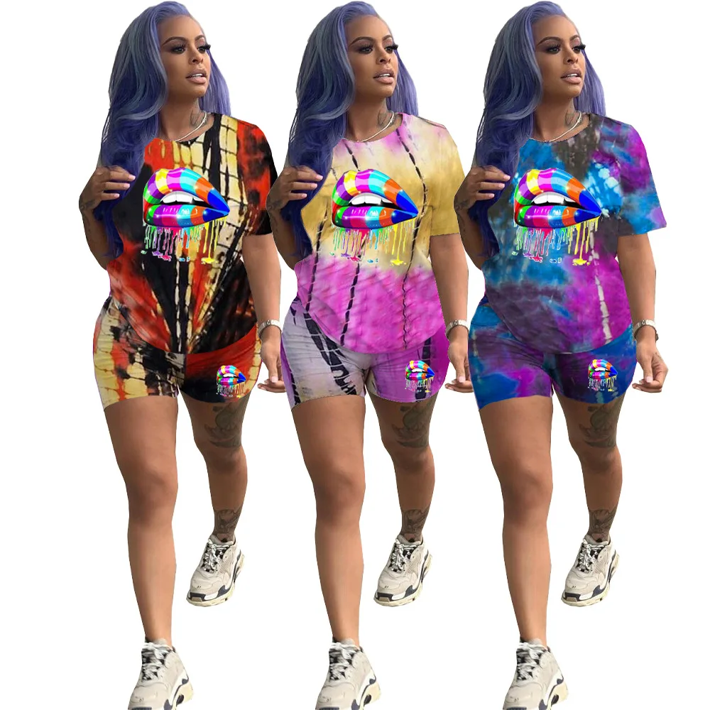 

AR5512 Europe and the United States 2021 sexy women's clothing fashion street hipster tie-dye lips print two-piece suit