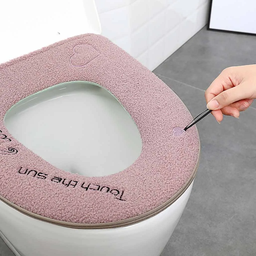 Home Bathroom Winter Plush Soft Toilet Seat Pad Cover Cute Elephant Pattern Printing Warm Toilet Seat Zipper With Handle