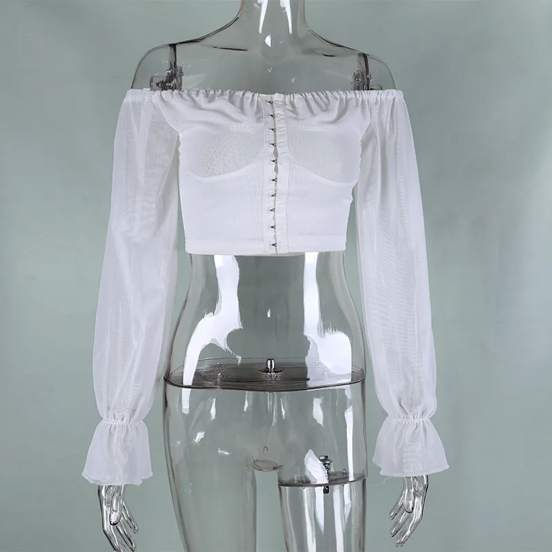 2019 осень сексуальные платья с открытыми плечами сетка пэчворк для женщин блузки