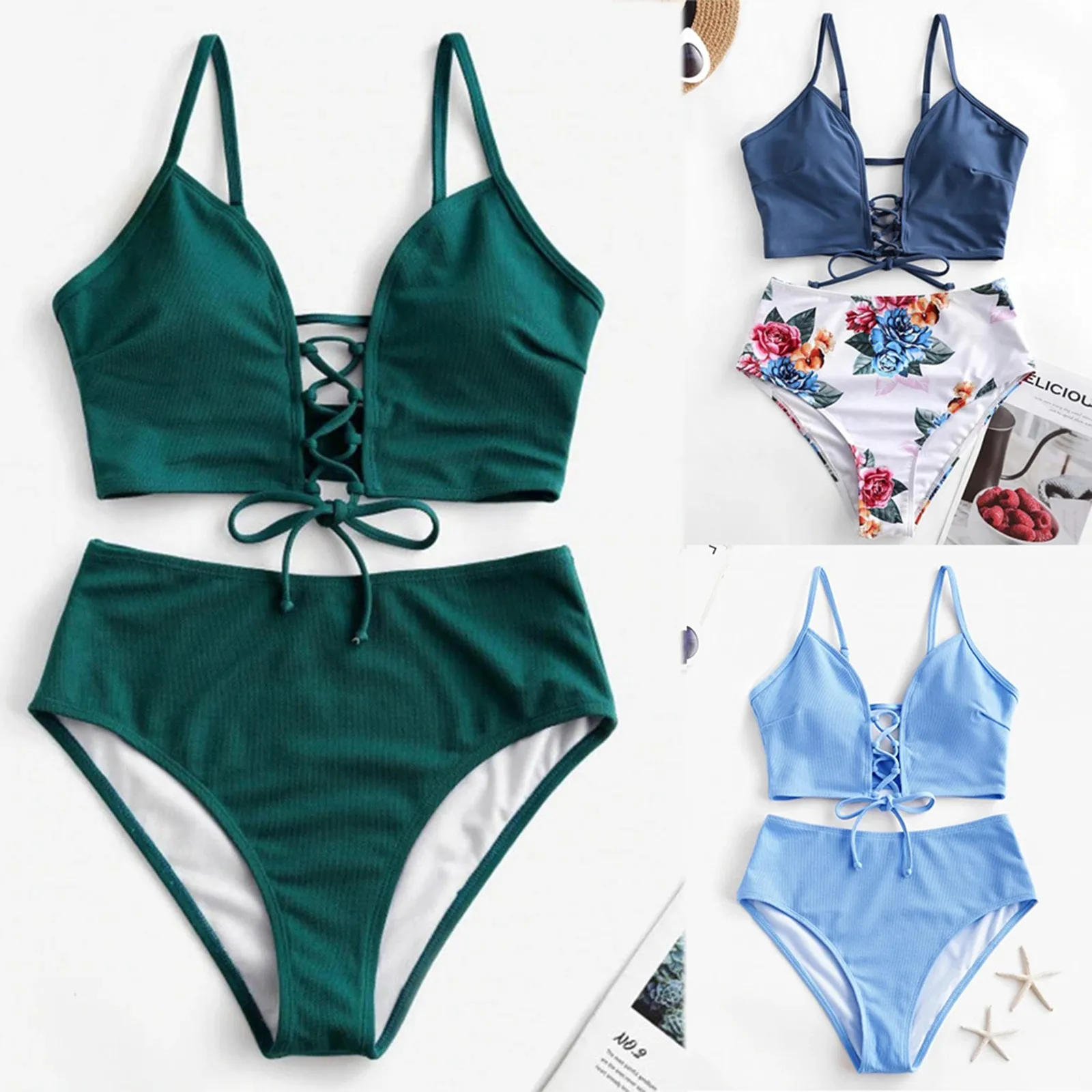 

Women Sexy Bikini Set Two Piece Lace-up Floral Leaf Tankini Swimsuit High Waist Swimwear Bathing Suit Plus Size Swimsuit Bikini