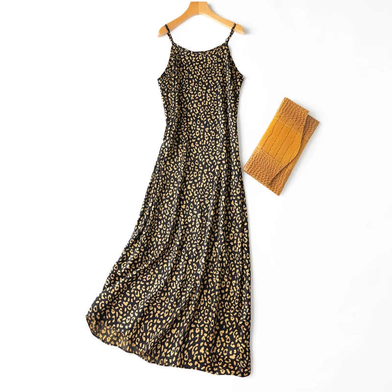 

Women's 100% Silk braces skirt luxury Fashion Heavy slip dress Long Dress Elegant Black Leopard print L1207