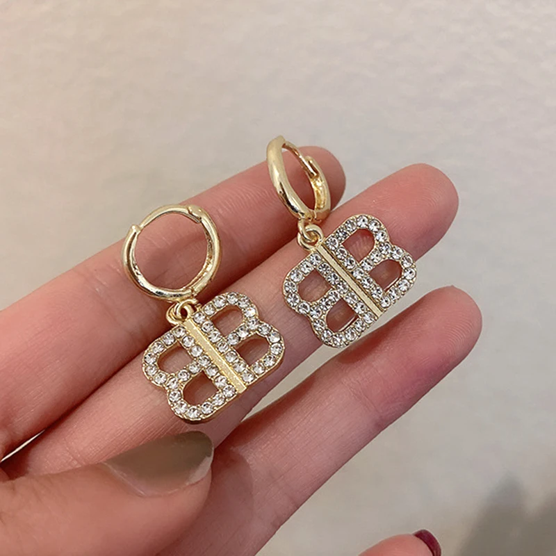

Trendy 14K Real Gold The Letter B Earrings for Women Accessories Korean Fashion Jewelry High Quality Shiny Zircon Girl Gift