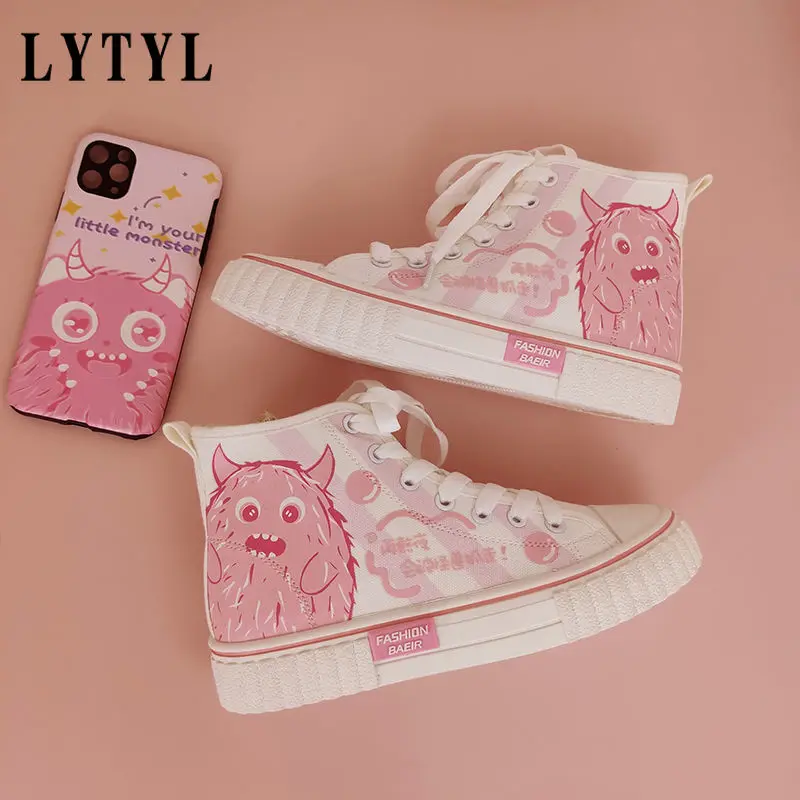 

Sneakers Women's Sports Shoes Pink Lolita Kawaii Canvas Summer 2021 New Vintage Flat Casual Vulcanize Footwear B20-174