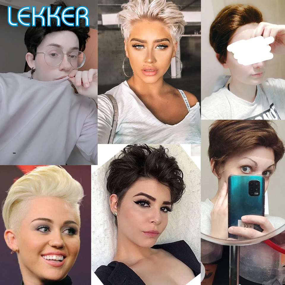Lekker 613 Blonde Short Straight Pixie Part Lace Front Human Hair Wig For Women Brazilian Remy Ombre Colored PrePlucked Wavy Wig images - 6