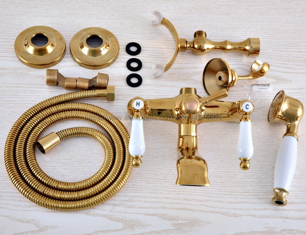 Gold Color Brass Dual Handles Bathtub Faucet Set Wall Mount with Handshower Bath Shower Mixer Taps Nna903 | Обустройство дома