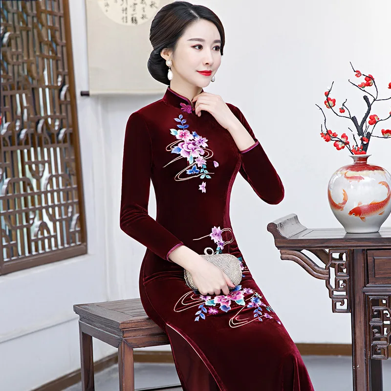 Бархат Китайский стиль сексуальная леди Qipao вышивка элегантный тонкий