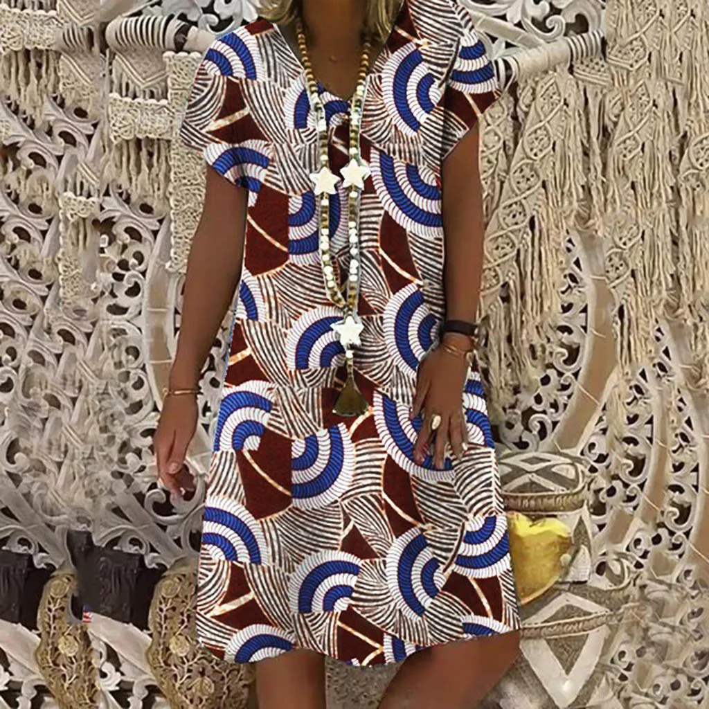 Женское винтажное платье с цветочным принтом V образным вырезом и коротким