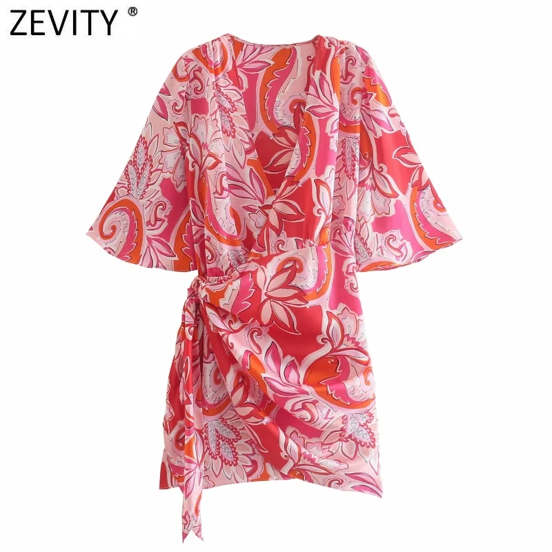 

Zevity New 2021 Women Vintage V Neck Totem Floral Print Pleat Knotted Kimono Mini Dress Female Chic Short Sleeve Vestidos DS8399