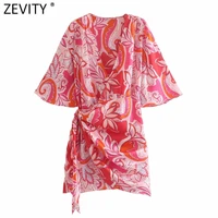 zevity new 2021 women vintage v neck totem floral print pleat knotted kimono mini dress female chic short sleeve vestidos ds8399