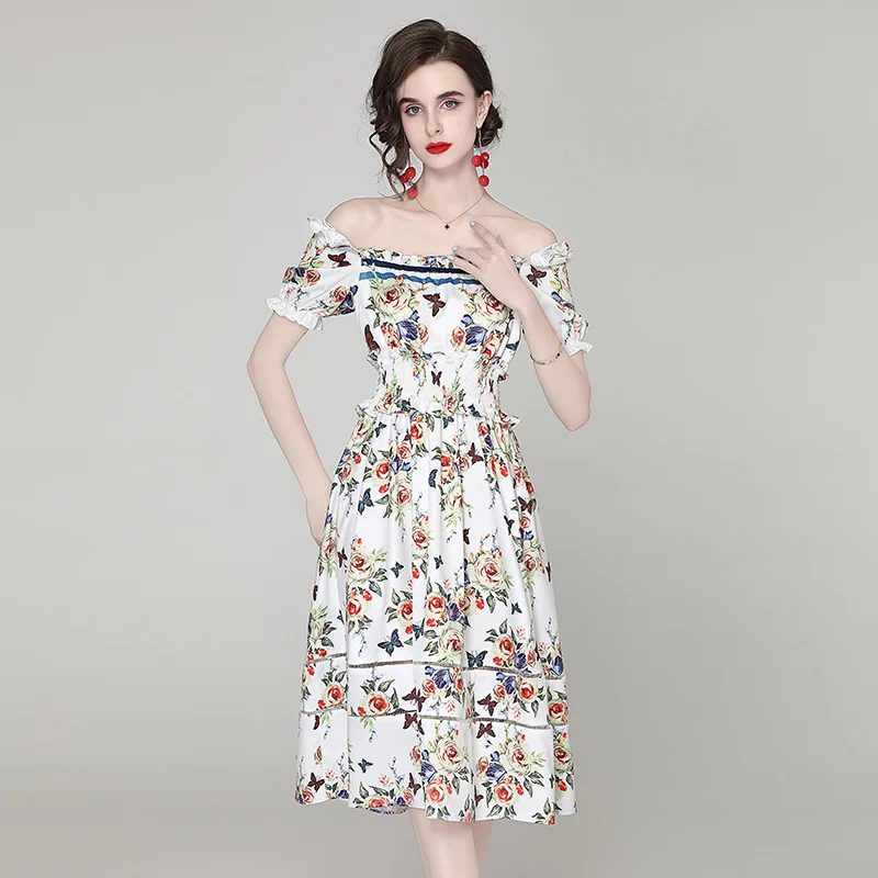 

Summer Floral Vintage Party Dress 2021 Women's Slash Neck High Elastic Waist Printed Elegant Seaside Vacation Midi Dresses