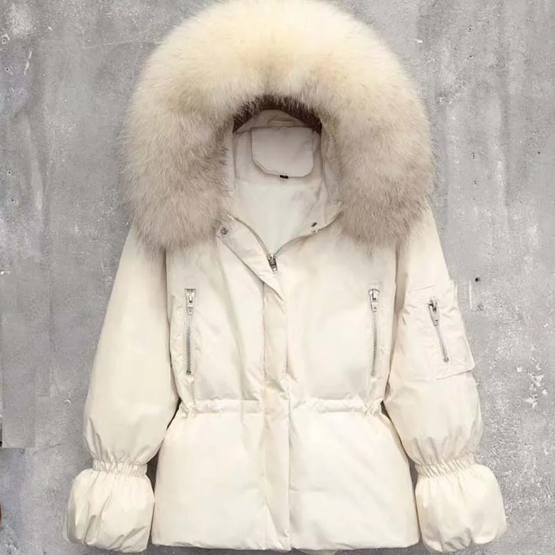 Женская короткая парка на утином пуху белая куртка большого размера с капюшоном