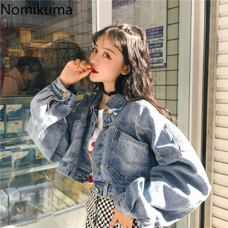 

Nomikuma High Waist Denim Jackets Women Autumn New Loose Long Sleeve Turn Down Collar Short Tops Solid Color Korean Chic Coats
