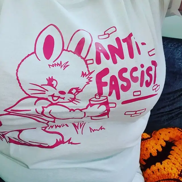 

Anit Fascist Funny Rabbit Printed Unisex Men Women Graphic Tshirt Short Sleeve Cotton Cute Tees Loose Pacifist Casual Shirts
