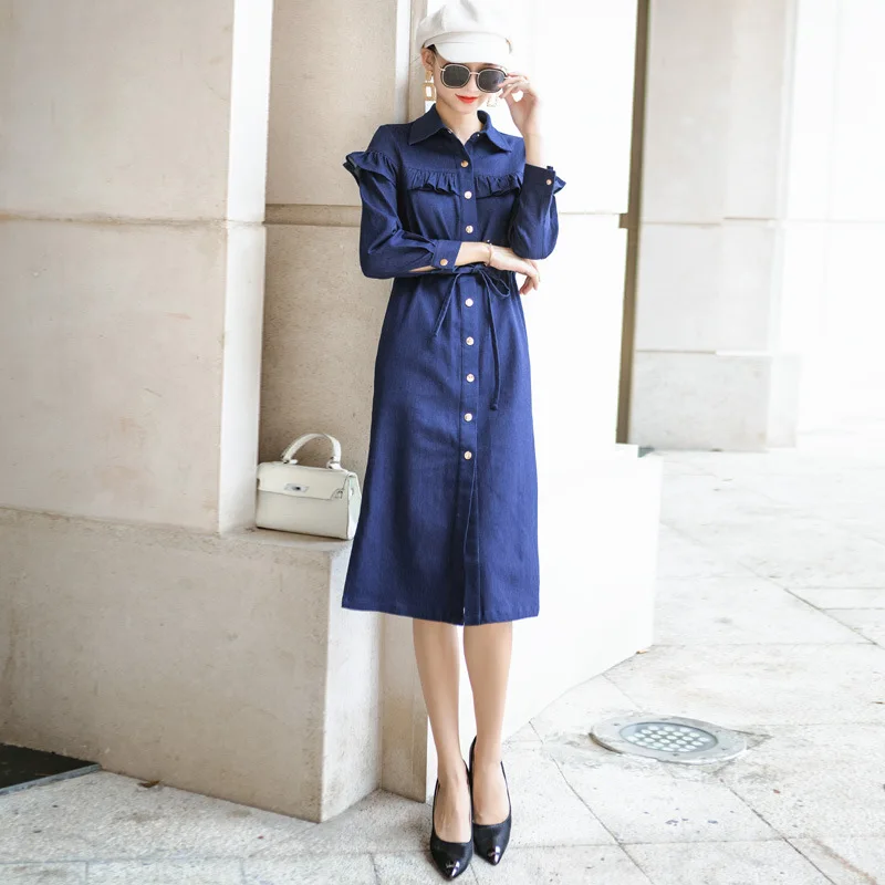 

2019 autumn foreign trade women's new wooden ear stitching lapel single-breasted long-sleeved denim dress European station