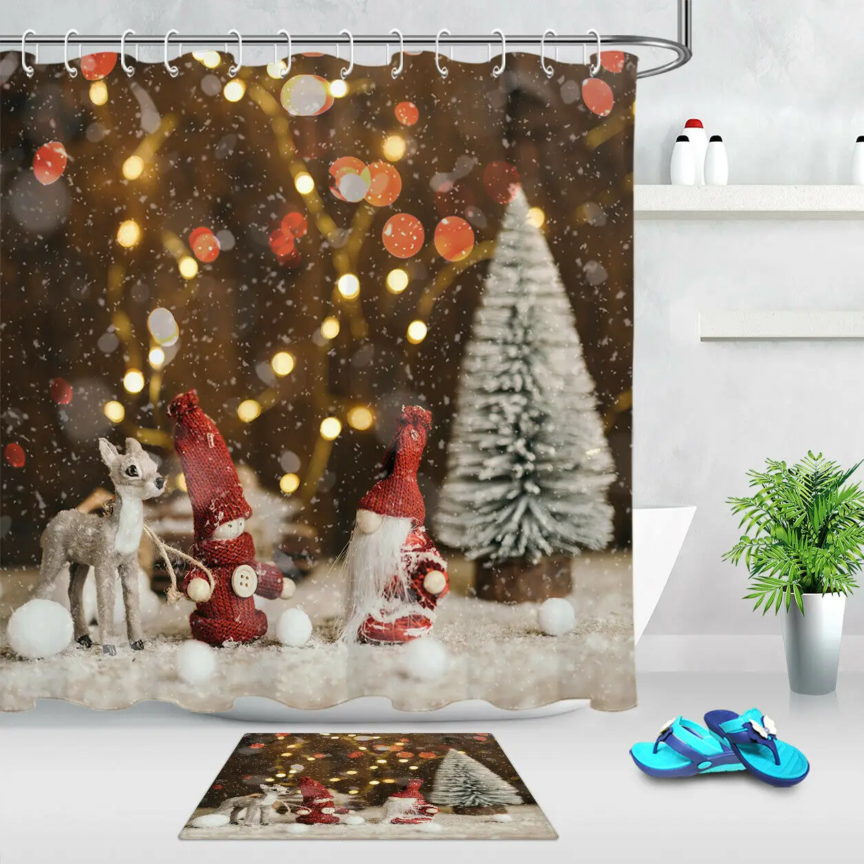 

Fabric Shower Curtain Unique Christmas Elf Doll Golden Rays Bathroom Décor