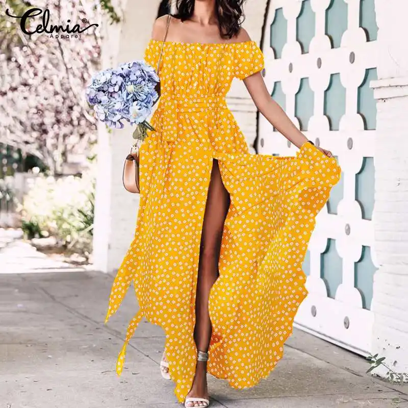 

Celmia Floral Print Bohemian Long Sundress Women's 2021 Sexy Belted Vestidos Fashion Off Shoulder Robe High Split Hem Maxi Dress