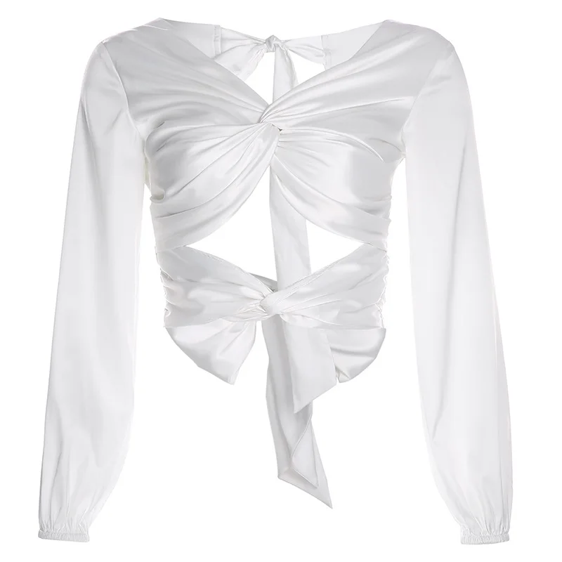 

T Shirts For Women Autumn Puff Long Sleeve Satin V-neck Backless Crop Tops Elegant Office Ladies 2020 Fashion Female Tees Shirt