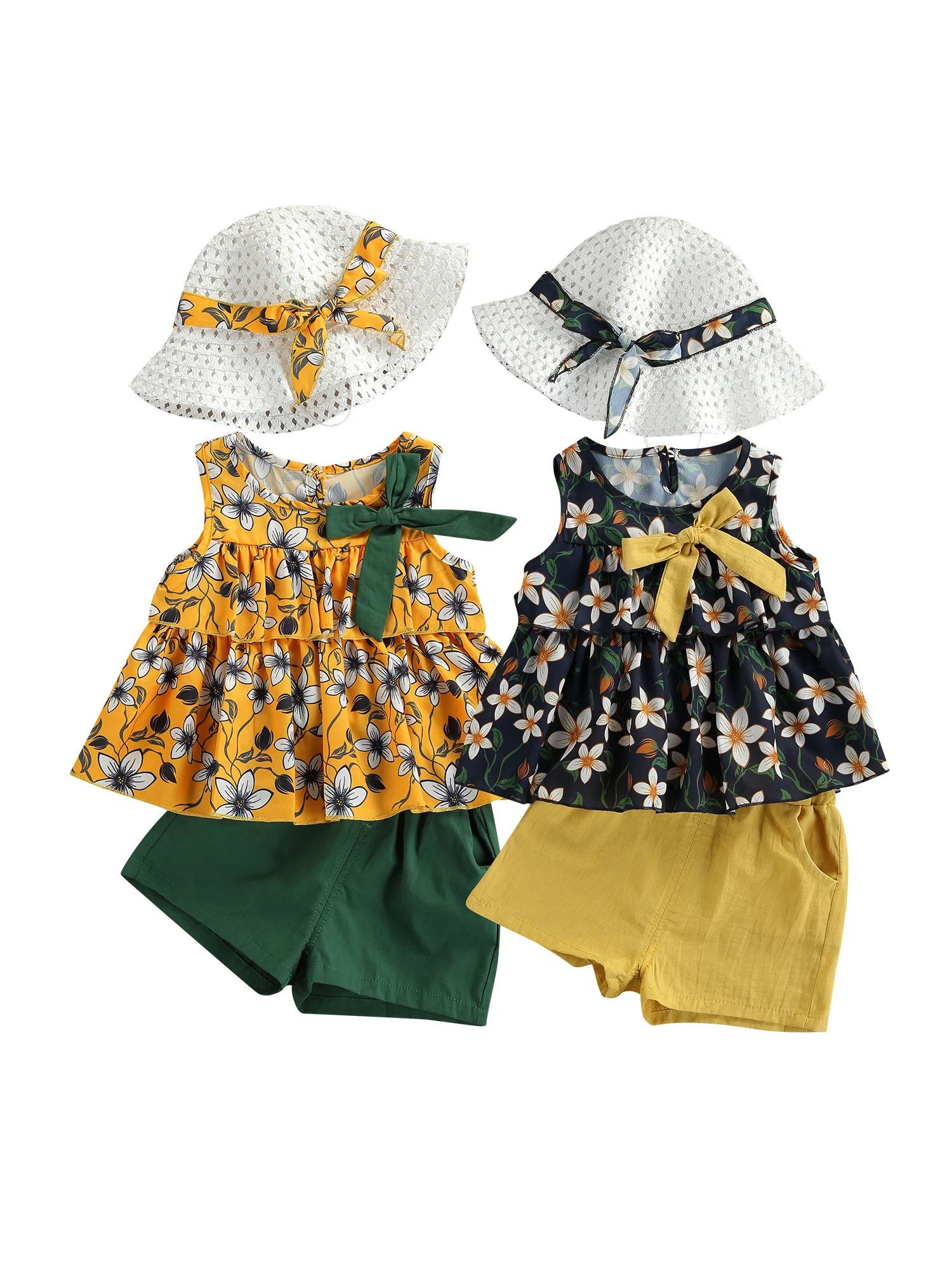 

Kids Baby Girls Fashion 3-piece Outfit Sets Sleeveless Floral Tops+Shorts+Hat Set For Children Girls Children's Clothing Sets