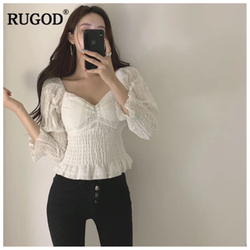 Женская кружевная короткая рубашка RUGOD однотонная офисная с v образным вырезом и