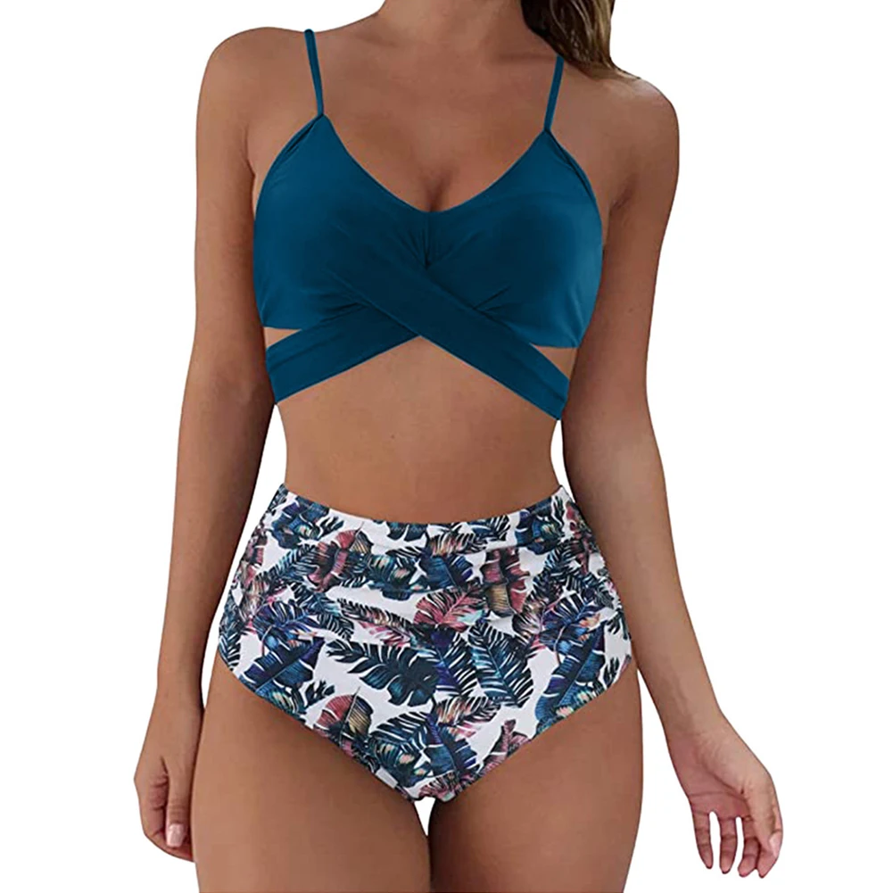 

Sexy Cross Bikini Set Women Solid V-Neck High-Waisted Two Piece Swimsuit 2021 Girl Lady Beach Bathing Suit Swimwear Biquinis