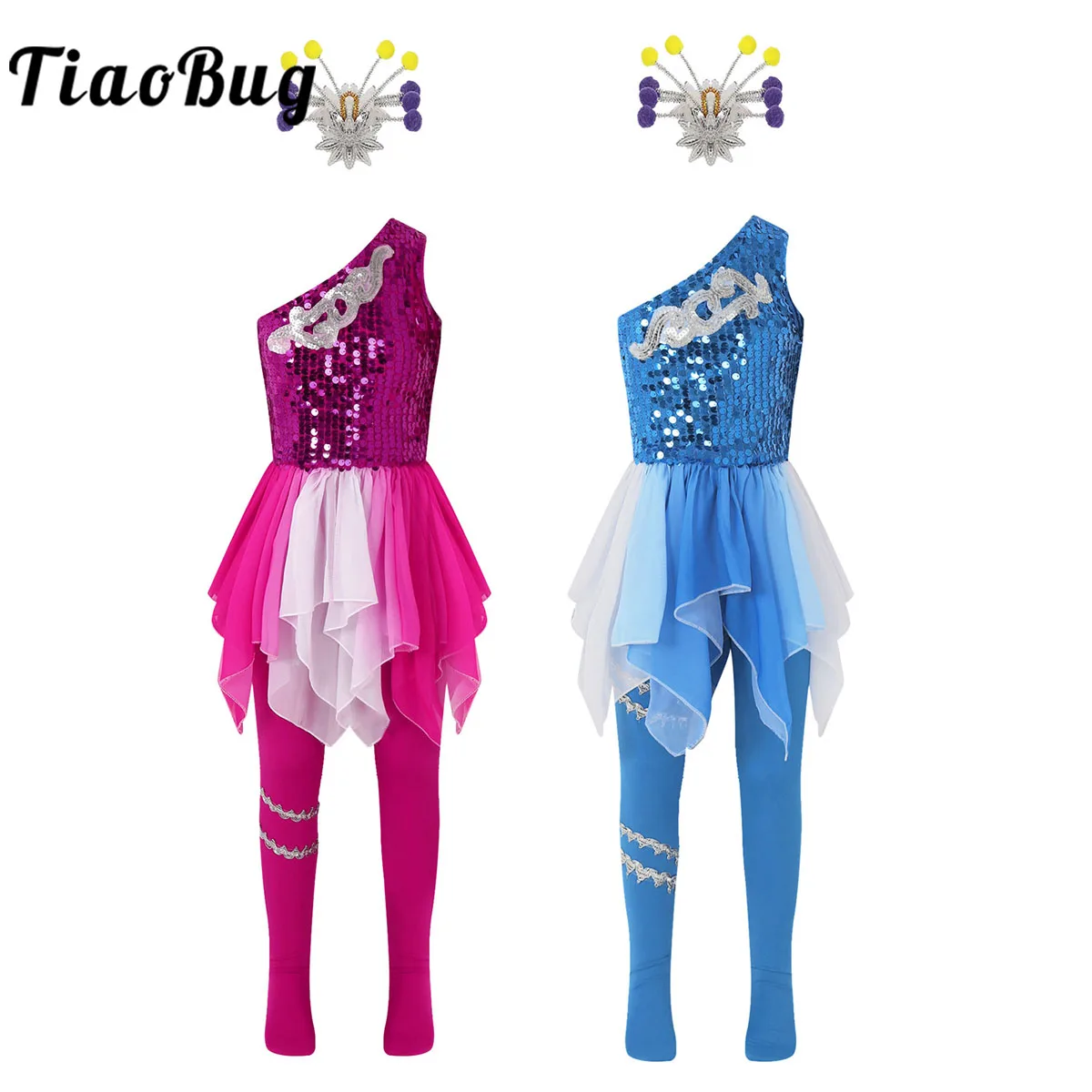 

Kids Girls Sequins Dance Clothes Set Sleeveless Irregular Dress with Leggings Ballet Tutu Latin Jazz Stage Performance Clothing