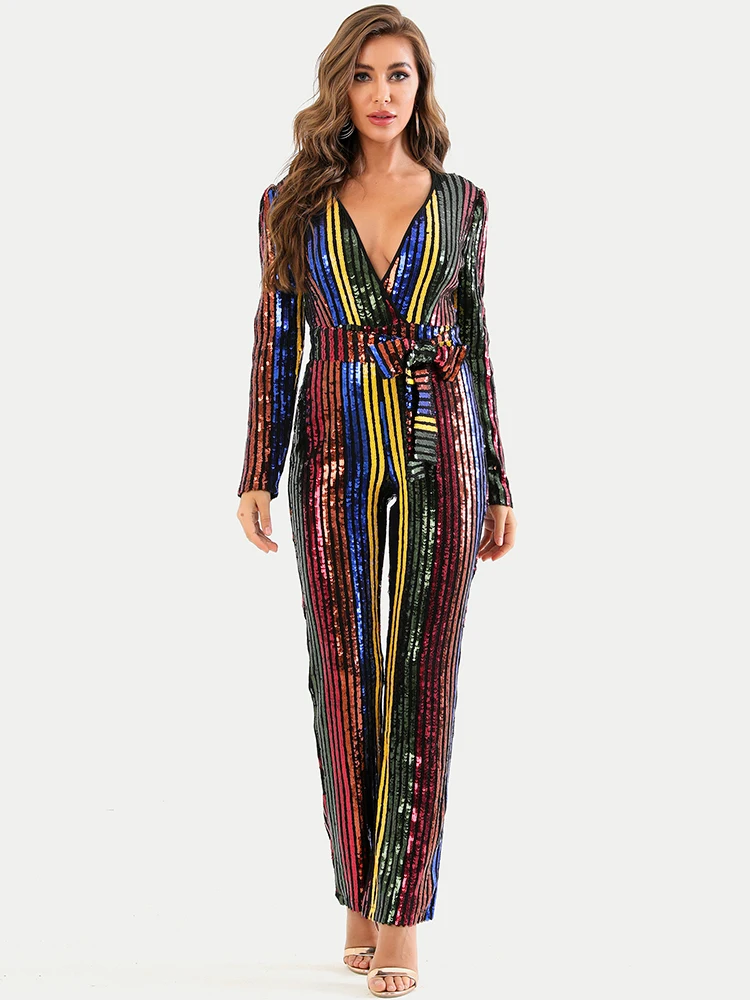 Ailigou 2021 New Fashion Multicolor Striped Sequins Sexy V-neck Long Sleeve Belt Design Celebrity Party Jumpsuit