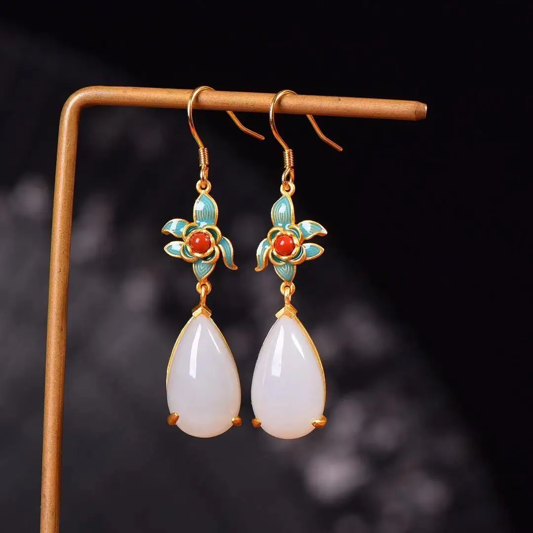 Natural 925 silver inlaid Hetian jade drop enamel earrings