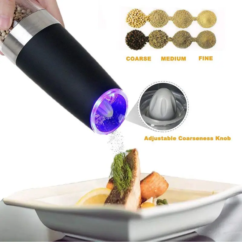 Premium Gravity Electric Salt and Pepper Grinder Set of 2 Battery Powered Shakers Automatic One Hand Mills with LED | Дом и сад