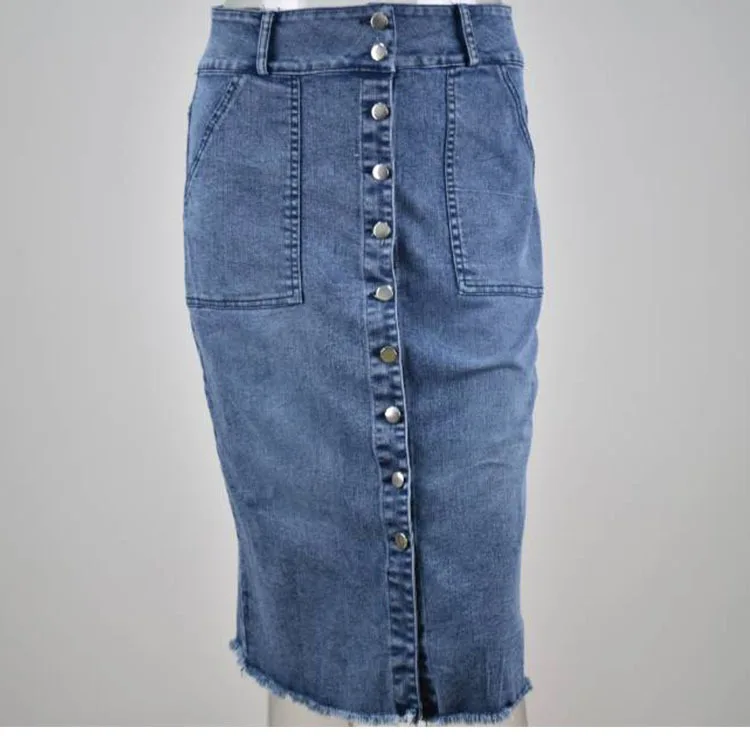 

Summer Women Denim Skirt Vintage Single-breasted Tassel High Waist Bodycon Skirt lady Fashion Slim Big Pocket Knee-Length Skirts