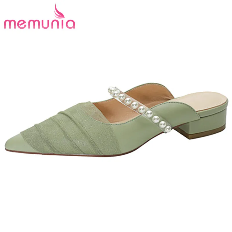 

MEMUNIA/2021 новые на низком каблуке; Тапочки для женщин; Женская обувь из натуральной кожи + из сетчатого материала, украшенные жемчугом элегантн...